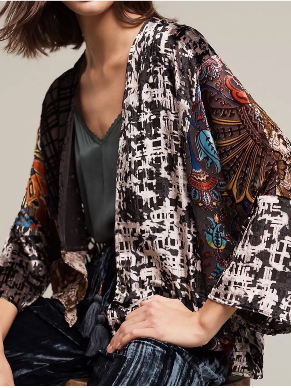 Anthropologie Velvet Patchwork Burnout Kimono Style Cardigan
